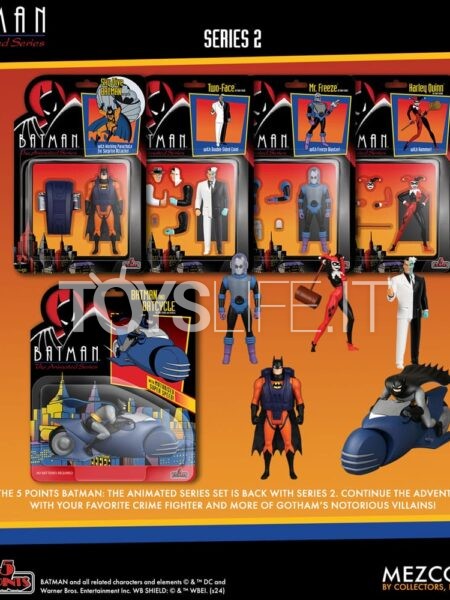 Mezco Toys DC Batman The Animated Series Sky Dive Batman/ Two Face/ Mr. Freeze/ Harley Quinn/ Batcycle 5 Points Figure Set